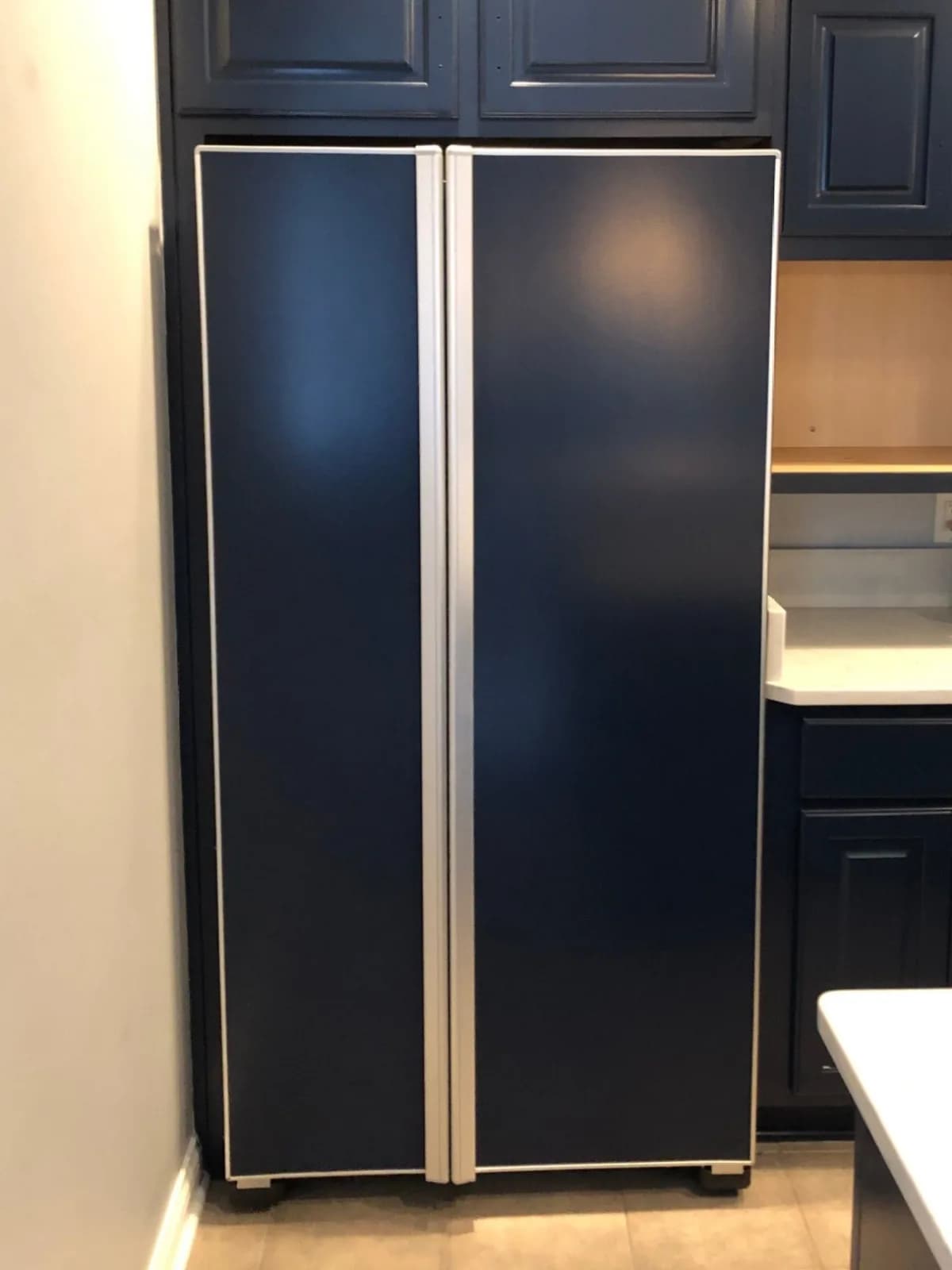 Pantry wall and fridge panels painted navy